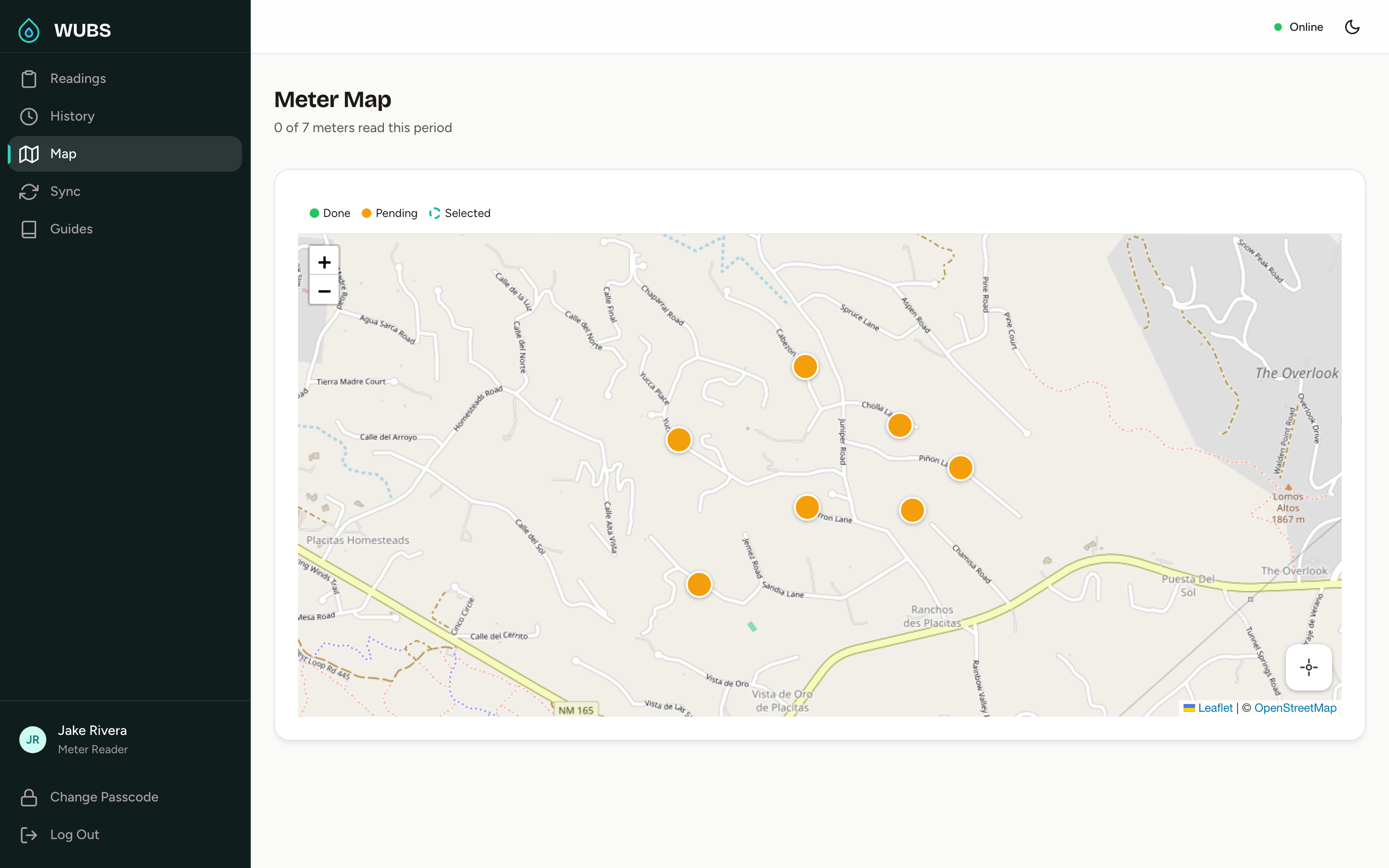 Meter reader GPS map showing pending and completed meter locations in the field